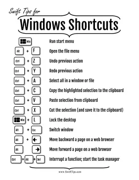 Shortcuts for Windows Computers Printable Board Game