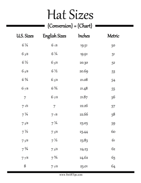 Hat Size Conversion Chart Printable Board Game