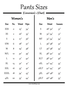 Pants Size Conversion Chart Printable Board Game