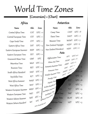 World Time Zones Conversion Chart Printable Board Game